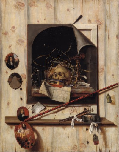 Trampantojo con pared de estudio y naturaleza muerta de vanitas de Cornelis Norbertus Gysbrechts